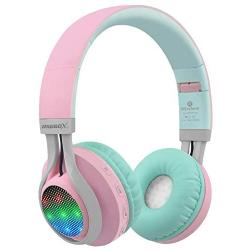 Riwbox WT-7S Bluetooth Headphones Light Up, Foldable Stero Wireless Headset with Microphone and Volume Control for PC/Cell Phones/TV/iPad (Pink Green)