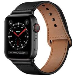 KYISGOS Compatible with iWatch Band 38mm 40mm, Genuine Leather Replacement Band Strap Compatible with Apple Watch Series 5 4 3 2 1 38mm 40mm, Black Band with Black Adapter