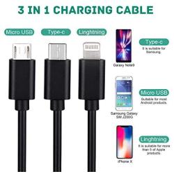 Multi USB Retractable Charging Cable, Arsiperd 4FT 3 in 1 Multiple Charger Cord Adapter with Type C/Micro USB Port for Tablets Android Samsung Huawei Phone XS/X/8/7 Universal Use 2 Pack(Black)