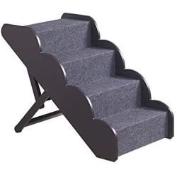 unipaws Foldable Wooden Pet Stairs with Adjustable Height, 4 Nonslip Steps for Small or Medium Dogs and Cats to Reach High Bed and Couch, Durable Pet Ladder, Pet Ramp