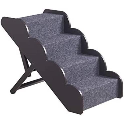 unipaws Foldable Wooden Pet Stairs with Adjustable Height, 4 Nonslip Steps for Small or Medium Dogs and Cats to Reach High Bed and Couch, Durable Pet Ladder, Pet Ramp