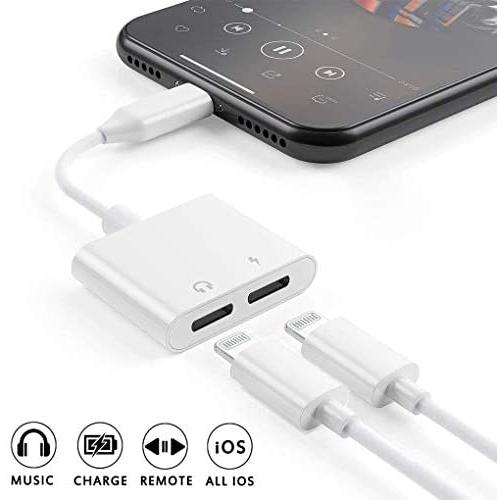 [Apple MFi Certified] iPhone Adapter & Splitter, 2 in 1 Dual Lightning Headphone Jack Audio + Charge Cable Compatible for iPhone 11/11 Pro/XS/XR/X 8 7, iPad, Support iOS 13 + Sync Data + Music Control