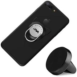 Cat Ring Phone Holder with Magnetic Car Mount Magnet, Cute Phone Finger Kickstand Ring for Car Air Vent Mount, 360 Rotation Phone Grip Stand Compatible for iPhone Xs Max/XR/XS (1 Set,Black)