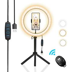 LED Selfie Ring Light,10" Desktop Ring Light,Selfie Lamp with Phone Stand and Tripod,3 Modes&10Brightness Levels,with Bluetooth Remote Control for YouTube TikTok Live Streaming,Video Shoot,Selfie