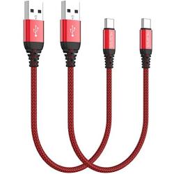 Short USB C Cable(0.5ft 2-Pack),USB Type C Charger Nylon Braided Fast Charging Cord Compatible Samsung Galaxy S10+ S9 S8 Plus,Note 9 8,LG G6 G7 V35,Pixel 2 XL,Perfect Size for Power Bank (Red)