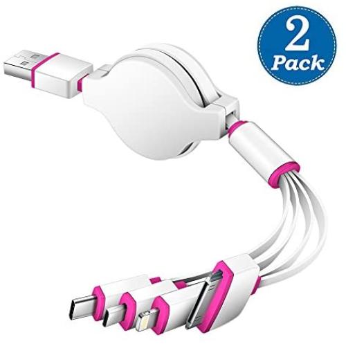 Multi USB Cable, Universal Retractable 4 in 1 Multiple USB Charging Cable Adapter Connector with 8Pin/Type C/Micro USB Compatible with Pad,Phone XR,XS Max, 7 Plus,Andriod,and More (2 Pack-White/Pink)