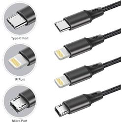 6FT Multi Charging Cable 2Pack, Bolatus 4 in 1 Multiple Charger Cable Nylon Braided Universal USB Cord with Type C/Micro USB Connector Compatible for Phone X Galaxy S10 Huawei Xiaomi LG (Black)