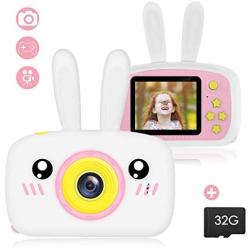 Fealay Kids Camera, Cute Rabbit Shape Digital Video Camera with 12MP 2 Inch Large Screen, Mini Rechargeable and Shockproof Camera Creative DIY Camcorder for Little Girl with 32GB SD Card (White)