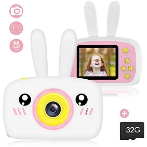 Wallfire Kids Camera Toys Portable Mini Digital Rechargeable Camera with Rabbit Cover, 2 Screen 12MP Lens Video Camera Camcorder with 32G Memory Card, Best Birthday Gifts for Girls/Boys/School Student