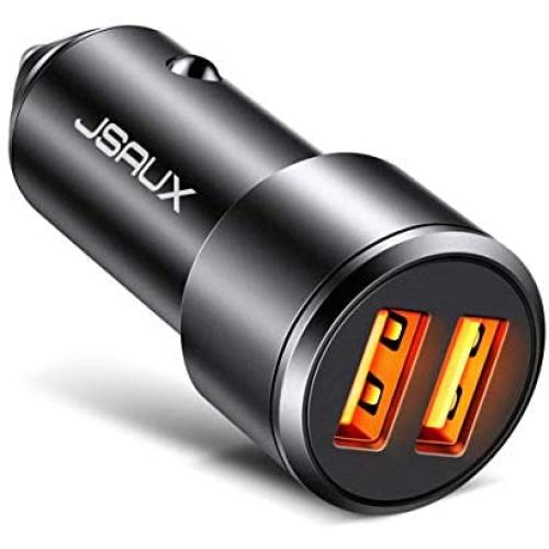 Car Charger, JSAUX Quick Charge 3.0 3A Dual USB Ports 36W Fast Car Adapter Metal Compatible with Samsung Galaxy S10 S9 S8 S20 Plus Note 10 9 8 S7, iPhone Xs Max XR X 8 7 6, iPad, LG G6 V20, Moto Black