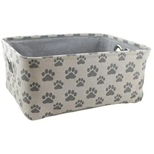 Winifred & Lily Pet Toy and Accessory Storage Bin, Organizer Storage Basket for Pet Toys, Blankets, Leashes and Food in Printed “Dog Paws”, Beige/Grey