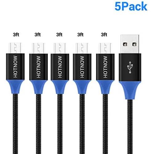 5-Pack Micro USB Cable 3FT, HOTNOW Android Charger Cable Data sync and Fast Charging Nylon Braided Cord for and sync for Micro Connector Smartphone Tablet or Devices