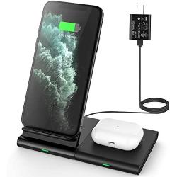 Hoidokly Dual Wireless Charger Stand 2 in 1 Charging Station Dock Qi 10W for Samsung Galaxy S20/S10/9/8/Note 10/9/8/Watch/Buds Compatible with iPhone SE/11 Pro Max/XR/XS/X/Airpods Pro/2(with Adapter)