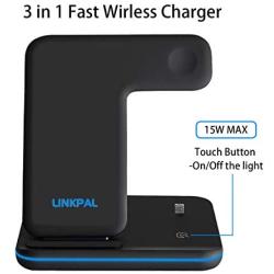 Wireless Charger, LINKPAL 3 in 1 Qi-Certified 15W Fast Charging Station for Apple iWatch 5/4/3/2/1,AirPods,Wireless Charging Stand Compatible with iPhone 11 /XS MAX/XR/XS/X/8 Plus/Samsung (Black)