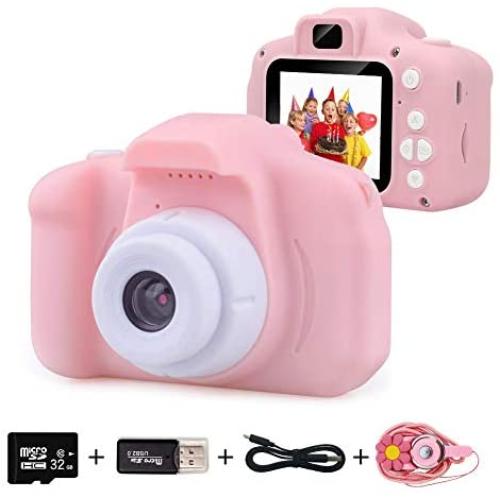 EMISK Kids Digital Camera for Girls Age 3-10, Toddler Cameras Mini Cartoon Rechargeable Video Camera with 2 Inch IPS Screen and 32GB SD Card Child Camcorder Toy Gift for Kid’s Birthday (Pink)