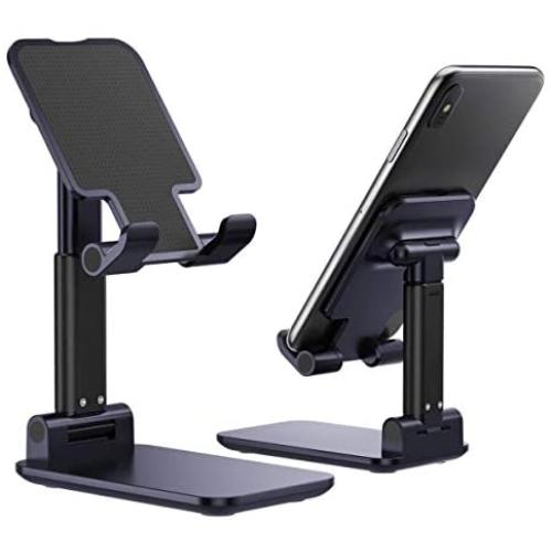 Phone Stand Foldable Portable Desktop Stand Adjustable Height and Angle Phone Holder for Desk Sturdy Aluminum Metal Stand Compatible with Smartphone/iPad/Kindle/Tablet (Navy Blue)