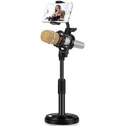 Desktop Microphone Stand with Cell Phone Holder, Adjustable Tabletop mic Stand with Shock Mount and Round Base for Recording Podcasting and Live Streaming.