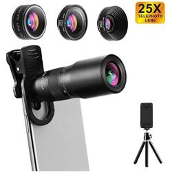 Phone Camera Lens, CESCOM 9 in 1 Cell Phone Camera Lens Kits, 25X Telephoto Zoom Lens, 20X Macro Lens, 120° Wide Angle Lens, 198° Fisheye Lens for iPhone 11 Pro/X/XR/XS Max/8+/7, Google and Android.