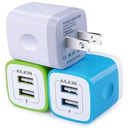 Wall Charger, Ailkin [3-Pack] 5V/2.1AMP Colorful Dual Port USB Wall Charger Home Travel Plug Power Adapter for iPhone 7/7 Plus, 6s/6s Plus, Samsung Galaxy S7 S6, HTC, LG, Table, Motorola and More