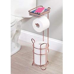 mDesign Freestanding Metal Wire Toilet Paper Roll Holder Stand and Dispenser with Storage Shelf for Cell, Mobile Phone - Bathroom Storage Organization - Holds 3 Mega Rolls - Rose Gold