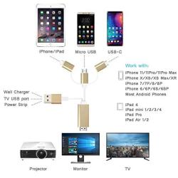 ZFKJERS 3 in 1 Phone to HDMI Cable, Mirroring Cellphone Screen to TV/Projector/Monitor Adapter, 1080P Resolution for iOS and Android Devices (Gold)