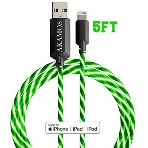 Light up iPhone Charger {MFI Apple Certified} AKAMOS 5ft LED iPhone Charger with Flowing led, USB to Lightning Cable with Quick Charge, Compatible with Phone11/11pro Max/XR/8/8Plus/7/6(Flowing Green)
