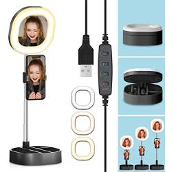 CameCosy Selfie LED Light with Tripod Stand +Foldable Beauty Mirror+Cell Phone Holder, Adjustable Brightness Fill Light for Makeup/Camera Video/YouTube, Compatible with iPhone/Android.-Black