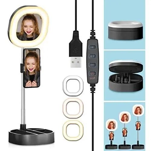 CameCosy Selfie LED Light with Tripod Stand +Foldable Beauty Mirror+Cell Phone Holder, Adjustable Brightness Fill Light for Makeup/Camera Video/YouTube, Compatible with iPhone/Android.-Black CameCosy Selfie LED Light with Tripod Stand +Foldable Beauty Mirror+Cell Phone Holder, Adjustable Brightness Fill Light for Makeup/Camera Video/YouTube, Compatible with iPhone/Android.-Black