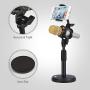 Desktop Microphone Stand with Cell Phone Holder, Adjustable Tabletop mic Stand with Shock Mount and Round Base for Recording Podcasting and Live Streaming.