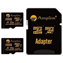 2-Pack 256GB Micro SD Card Plus Adapter - Amplim 256 GB MicroSD SDXC V30 A1 U3 Class 10 Ultra High Speed 100MB/s UHS-I TF XC MicroSDXC Memory Card for Cell Phone, Nintendo, Galaxy, Fire, Gopro Camera