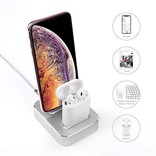 2-in-1 Charging Stand Compatible with iPhone 11/XS/8/8Plus/7/iPad/Airpods1/2/Airpods pro, Aluminum Alloy Built-in USB Cell Phone Charging Stations, Dual Charger Station, Mobile Phone Holder (Silver)