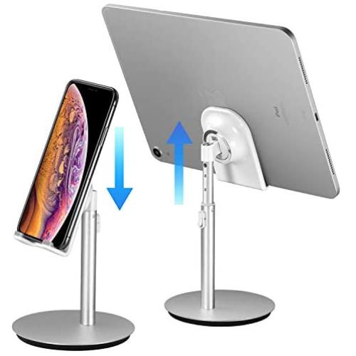 Cell Phone Stand, Tablet Holder, SAIJI Height Adjustable Aluminum Mount Dock, Compatible with iPhone Samsung Cell Phone, Tablet, iPad, Nintendo Switch, Kindle, Up to 10 Inch Screen (Sliver) …