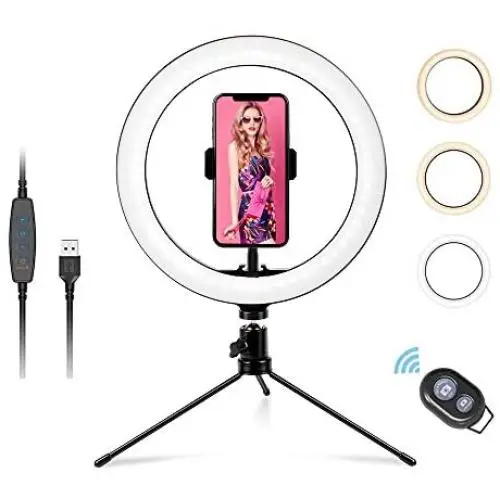 Selfie Ring Light with Stand and Phone Holder,10.2&quot Desktop Dimmable LED Circle Lights with Tripod, Bluetooth Remote Shutter Ringlight for Live Stream/Makeup/Reels/Likee/YouTube Video/Photography/Vlog