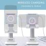 Wireless Charging Cell Phone Stand, Mini Foldable Adjustable Phone Holder, Bed Desk Tablet Mount (White)