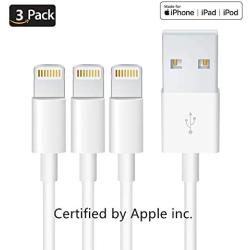 3Pack Apple Charger Cable [Apple MFi Certified] Lightning to USB Cable Original Certified Compatible iPhone X/8/7/6s/6/plus/5s/5c/SE,iPad Pro/Air/Mini,iPod Touch(1M/3.3FT)