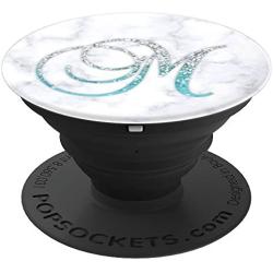 Light Blue Initial Letter M On White Marbled Design PopSockets Grip and Stand for Phones and Tablets