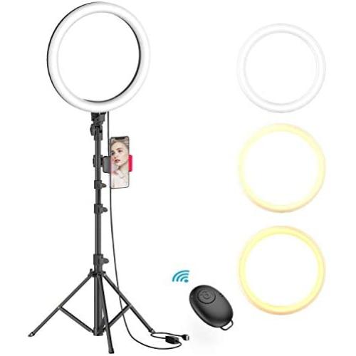 10" Selfie Ring Light with Tripod Stand & Phone Holder for Live Stream/Makeup, Dimmable Led Camera Beauty Ringlight for YouTube TikTok/Photography Compatible for iPhone and Android Phone(Upgraded)