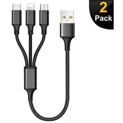 Multi Charging Cable, Multi Charger Cable 2Pack Short 1FT Nylon Braided Universal 3 in 1 Multiple USB Cable Charging Cord Adapter with Type-C, Micro USB Port Connectors for Cell Phones Tablets