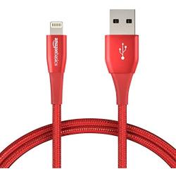 AmazonBasics Double Nylon Braided USB A Cable with Lightning Connector, Premium Collection, MFi Certified Apple iPhone Charger, 3 Foot, 2 Pack, Red