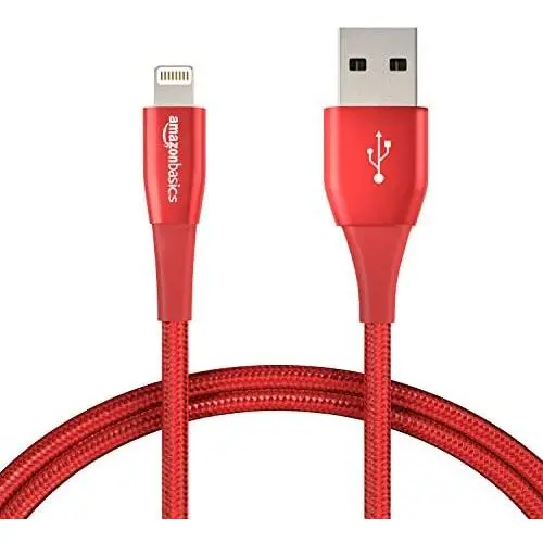 AmazonBasics Double Nylon Braided USB A Cable with Lightning Connector, Premium Collection, MFi Certified Apple iPhone Charger, 3 Foot, 2 Pack, Red AmazonBasics Double Nylon Braided USB A Cable with Lightning Connector, Premium Collection, MFi Certified Apple iPhone Charger, 3 Foot, 2 Pack, Red