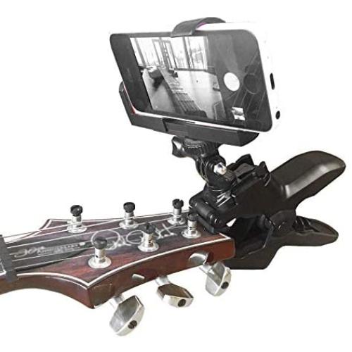 Guitar Headstock Cell Phone Clamp Clip Mount for Smartphones and Gopro Action Cameras ~ Close Up Home Music Recording - Also Work for Any Microphone Stand or Music Tripods