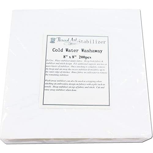 Threadart Cold Water Washaway Embroidery Stabilizer | 8" x 8" 200 Precut Sheets | For Machine Embroidery | Also Available Over 20 Additional Styles of Cutaway, Washaway, Tearaway, Sticky in Rolls and Precut Sheets