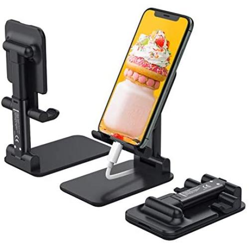 Anozer Foldable Cell Phone Stand, [2020 Updated] Angle & Height Adjustable Desk Phone Holder with Stable Anti-Slip Design Compatible with Smartphones/iPad Mini/Nintendo Switch/Kindle (Black)