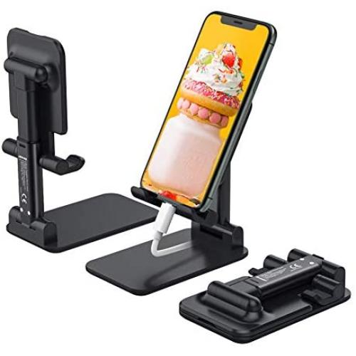 Anozer Foldable Cell Phone Stand, [2020 Updated] Angle & Height Adjustable Desk Phone Holder with Stable Anti-Slip Design Compatible with Smartphones/iPad Mini/Nintendo Switch/Kindle (Black)