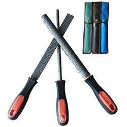 LK-World 8" Wood Rasp File Set with Rubber Grip - Includes Hand Cut Round, Half-Round, and Flat Rasp File Kit - Curved and Flat Tools(3 Pcs) The Color of Packing Bag is Random