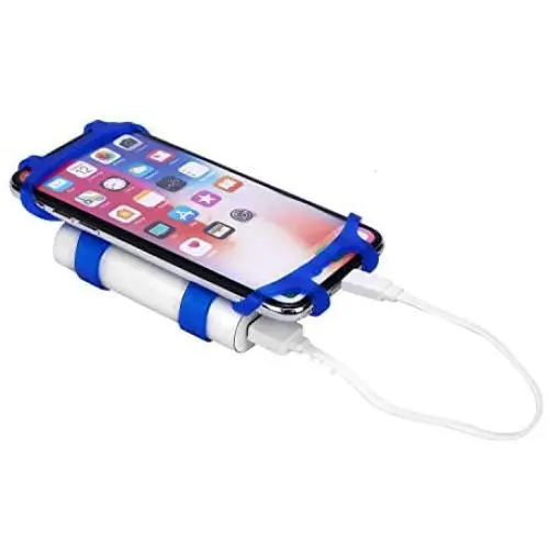 Bike Combo Power Mount, Universal Bicycle Smart Phone and Power Bank Holder, Adjustable Silicone Handlebar Rack for iPhone, Samsung Galaxy, 4” to 6” Phones (Blue)