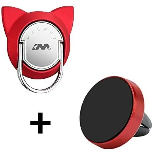 Magnetic Phone Ring Red, Cat Cell Phone Ring Stand with Car Mount, 360 Degree Magnet Finger Ring Holder for Cell Phones and Tablets (1 Set,Red)