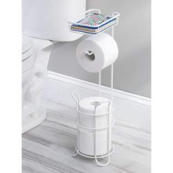 mDesign Freestanding Metal Wire Toilet Paper Roll Holder Stand and Dispenser with Storage Shelf for Cell, Mobile Phone - Bathroom Storage Organization - Holds 3 Mega Rolls - Matte White