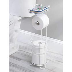 mDesign Freestanding Metal Wire Toilet Paper Roll Holder Stand and Dispenser with Storage Shelf for Cell, Mobile Phone - Bathroom Storage Organization - Holds 3 Mega Rolls - Matte White