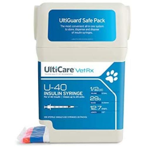 UltiCare VetRx U-40 UltiGuard Safe Pack Pet Insulin Syringes 1/2cc, 29G x 1/2", 100 ct